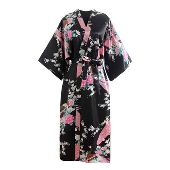Дамски копринени сатен дрехи-кимоно, дълга пижама, халат за баня с цветен модел на пауна, халат за партита, сватби, халат за шаферки