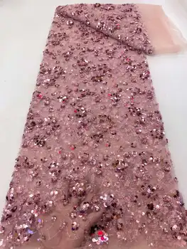 Африкански тюл Лейси плат Розов Висококачествен завързана материал Френски Нигерийски луксозни пайети, Мъниста Лейси плат за сватбена на шиене