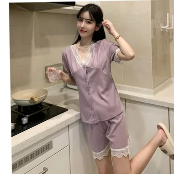 2023 Нова секси лейси дамски пижами летни тънка стилна ледена копринени къси панталони с къси ръкави и ежедневни домашни дрехи костюм