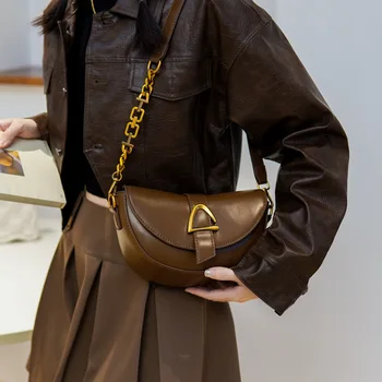 Брандираната дизайнерска дамска чанта за през рамото от изкуствена кожа, Ретро-верига с катинар, благородна малка чанта през рамо