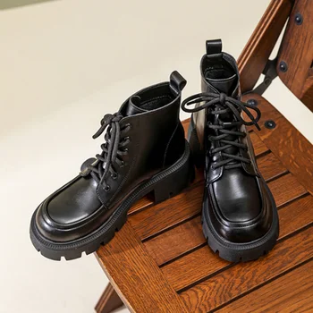 Нови Черни Женски Ботильоны на платформата; колекция 2023 г.; Есенни обувки на дебела подметка със шнур; Женски Мотоциклетни ботуши от изкуствена кожа в стил пънк; Botas Mujer 2023