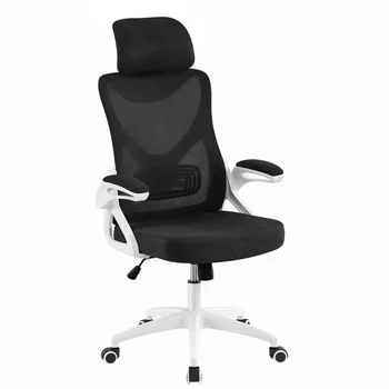 Ергономичен офис стол от мрежа с висока облегалка регулируема мека облегалката за глава, мебели бял / черен цвят