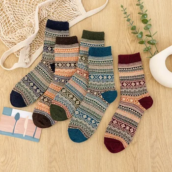 5 Чифта зимни чорапи, мъжки и женски изолирана чорапи от вълна от овце, топли мъжки чорапи в ретро стил, цветни модни дамски чорапи за зимни обувки