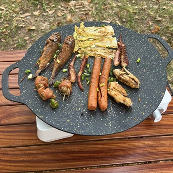 Корейската плоча за барбекю с дебел незалепващо покритие За къмпинг, Кръгла чиния за приготвяне на барбекю, Месо плоча за барбекю, тиган, тава за печене 