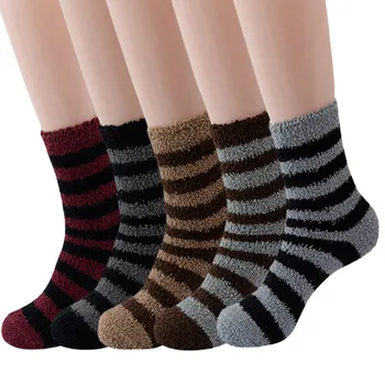 Зимни чорапи мъжки модни домашни чорапи от коралов кадифе в топла ивица, дишащи и Удобни чорапи за сън, 5 двойки Смесени цветове