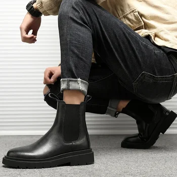 Мъжки обувки Челси Маркови кожени ботильоны в ретро стил, Удобни обувки за мъже с Класически мъжки къси ботуши на платформа Botines Hombre