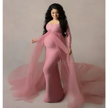 Летни тюлевые дълги рокли за бременни Памучни рокля за душата на детето, еластична рокля за фотография на бременни