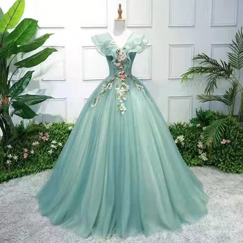 2023 Прости буйни рокля с V-образно деколте, ново шифоновое бална рокля с цветен модел, вкусно зелено празнична рокля без ръкави, по-големи размери