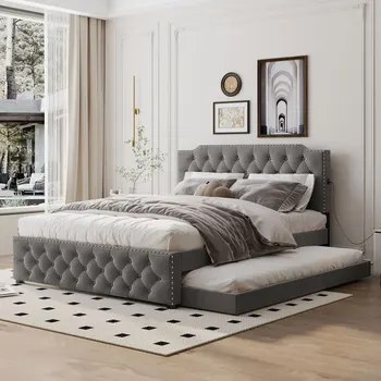 Легло-платформа със сива тапицерия, двойно ъглов разтегателен фотьойл и 2 комплекти USB-порта от всяка страна, бельо плат, сив цвят