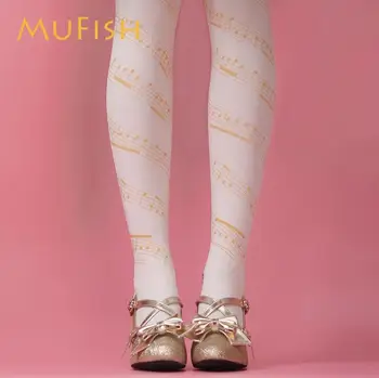 Оригинален дизайн, Музикални ноти, Дамски чорапогащи Lolita, чорапогащи 120D Velvet, сладко момиче, бежов и черен