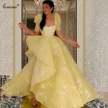 Близкия изток Жълти рокли за бала 2020, Асиметрични вечерни рокли Принцеса трапецовидна форма, Арабско дантелено рокля знаменитост за партита...