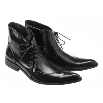 Мъжки остроносые кожени ботуши, черни, дишащи въжета от телешка кожа, модерен кожени обувки в британски стил