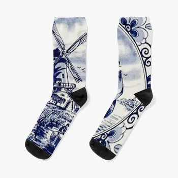 ХОЛАНДСКИ СИН ДЕЛФТ: Реколта чорапи с принтом вятърна мелница, нескользящие футболни спортни чорапи в стил хип-хоп за жени, мъжки