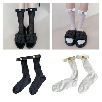 Дамски Елегантни и ежедневни памучни чорапи до прасците с метален етикет и лък, обикновена чорапи на върха на телета от рубчатого трико на райета, градинска облекло