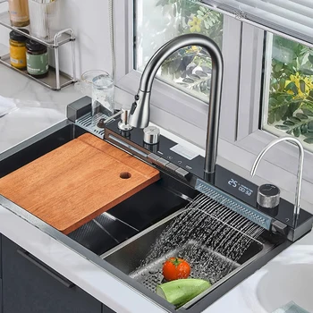 Кухненска мивка с водопад от неръждаема стомана 304, Дигитален дисплей, Голяма мивка с една мивка, моноблок и мивка за измиване на съдове с мулти-сензорен водопад