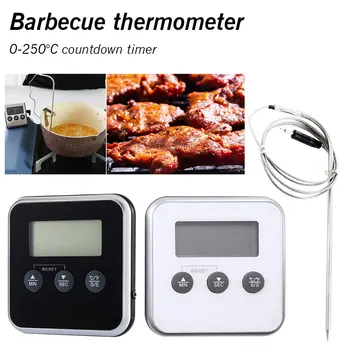 Термометър за барбекю, фурна и Инструменти за готвене, температурата на месото, вода, мляко, LCD дигитален термометър с датчик и таймер от неръждаема стомана
