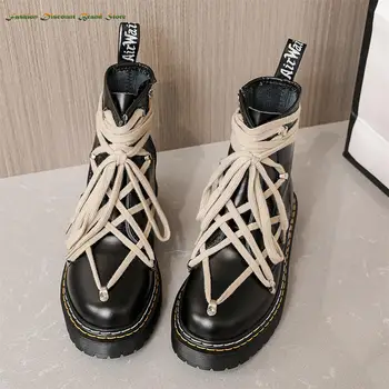 Дамски ботильоны от естествена кожа на платформа 2023, зимни мъжки мотоциклетни обувки в стил пънк с цип дантела, дамски топло унисекс обувки на плоска подметка