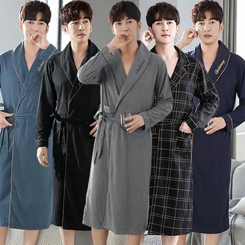 2023 Есен Зима Плюс Размера на Памучни Кимона с дълъг ръкав, халати за мъже, Корейски Свободни пижама, Халат за баня, Мъжки Домашни дрехи, Домашно облекло