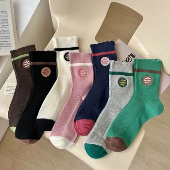 4 чифта / лот Модни Дамски чорапи памук с бродерия, Красиви многоцветни чорапи, есен-зима, Меки, топли, дишащи, Улични, Сладки, в продуктова гама