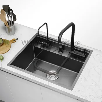 Кухненска мивка от неръждаема стомана със сгъваеми кран Скрит Двойна мивка купа Черен Нано над тезгяха или под него