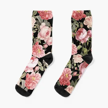 Розови Реколта рози на черните чорапи на Едро с чорапи Мъжки Женски Мъжки Чорапи