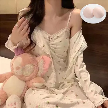 Пижами, изработени от чист памук, есенно-зимна дамска пижама с дълъг ръкав, сексуална домашно облекло от три части с цветен модел и накладка на гърдите, лято 2024 г.