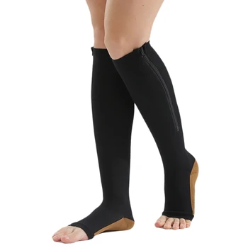Компресия чорапи, найлонови компрессионный чорап с цип, поддръжка на коляното, открит чорап, предотвратяване на разширени вени, еластични чорапи (черни) XXL