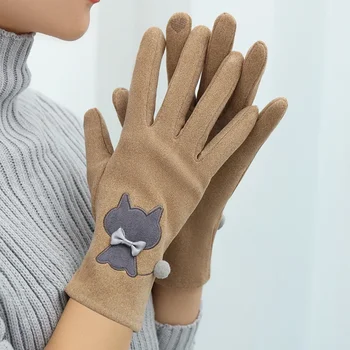 Зимни топли дамски ръкавици, дебели кадифени ръкавици със сензорен екран, дамски ръкавици без пръсти с лък и котка, дамски вело ръкавици, които предпазват от студ 장갑