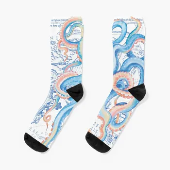 Реколта карта с пипала на октопод, сини и Оранжеви луксозни чорапи, чорапи за джогинг, къси чорапи, дамски, Мъжки чорапи