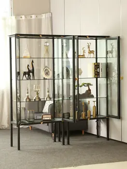 Скандинавски витринный шкаф от прозрачно стъкло с подсветка, винен шкаф от желязо, витринный шкаф за бутик с ключалка