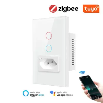 Zigbee Smart Switch 2 Gang Sasha Switch Бразилия Стандартен Сензорен Прекъсвач Със Стъклен Панел С Розетка Бразилия През Алекса Google Home Zigbee