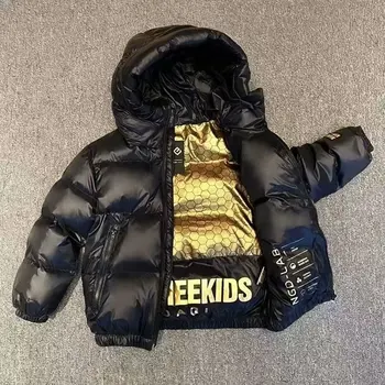 Зимно яке за момчета и момичета Пуховик средна дължина на Черно утолщенное палто с качулка с цип за по-големите деца