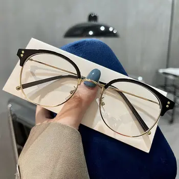 Модни дамски прозрачни кръгли очила с защита от синьо лъчи, оптични очила в метални рамки
